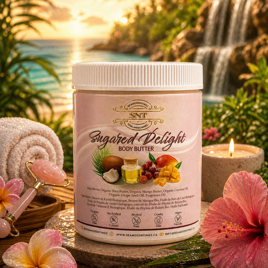 Jar of 'Sugared Delight' body butter with decorative background