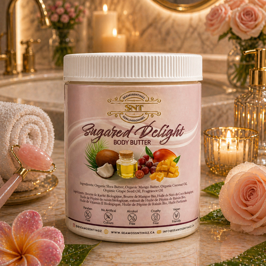 Jar of 'Sugared Delight' body butter with decorative background