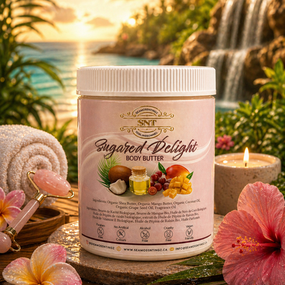 Jar of 'Sugared Delight' body butter with decorative background
