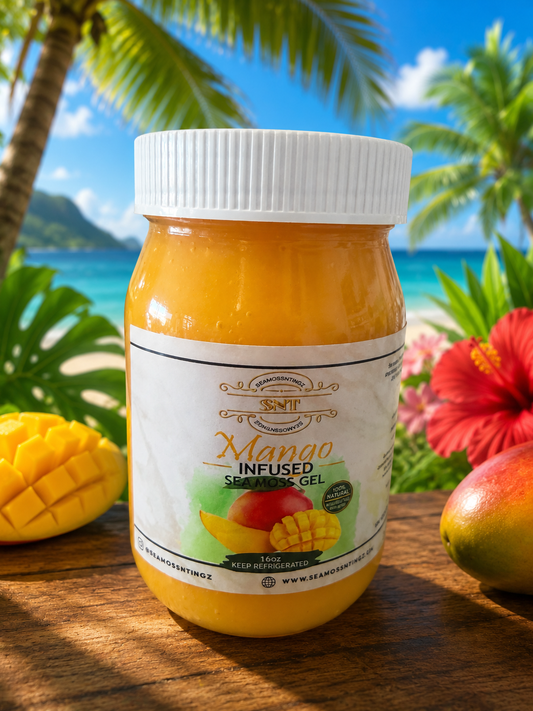 Jar of mango-infused salve gel with a tropical background featuring palm trees and flowers.