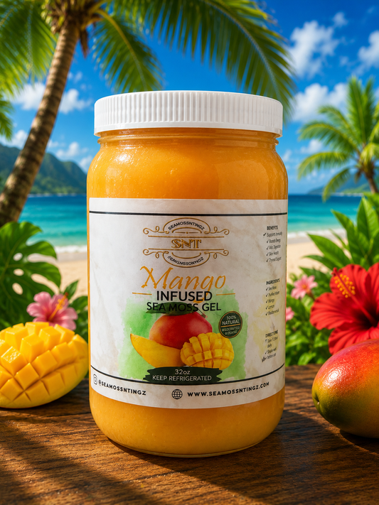 Mango-infused product jar with tropical scenery in the background